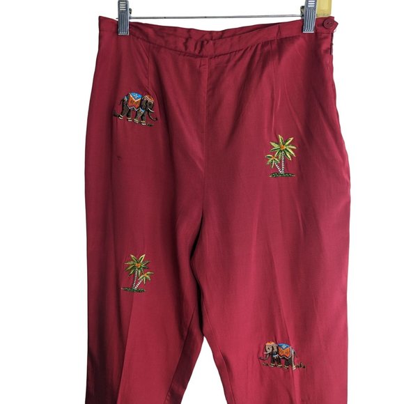 Silkland Red Silk/Cotton Lined Pants Embroidered Tropical Print Boho sz 10Petite - Picture 2 of 9